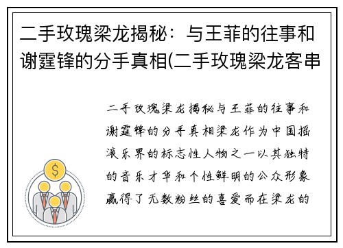 二手玫瑰梁龙揭秘：与王菲的往事和谢霆锋的分手真相(二手玫瑰梁龙客串过什么电影)
