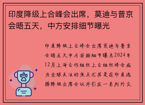 印度降级上合峰会出席，莫迪与普京会晤五天，中方安排细节曝光