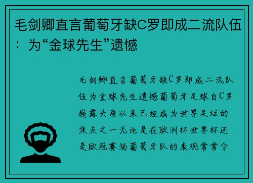 毛剑卿直言葡萄牙缺C罗即成二流队伍：为“金球先生”遗憾