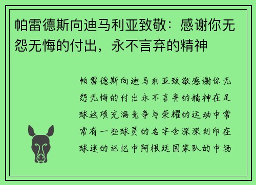 帕雷德斯向迪马利亚致敬：感谢你无怨无悔的付出，永不言弃的精神